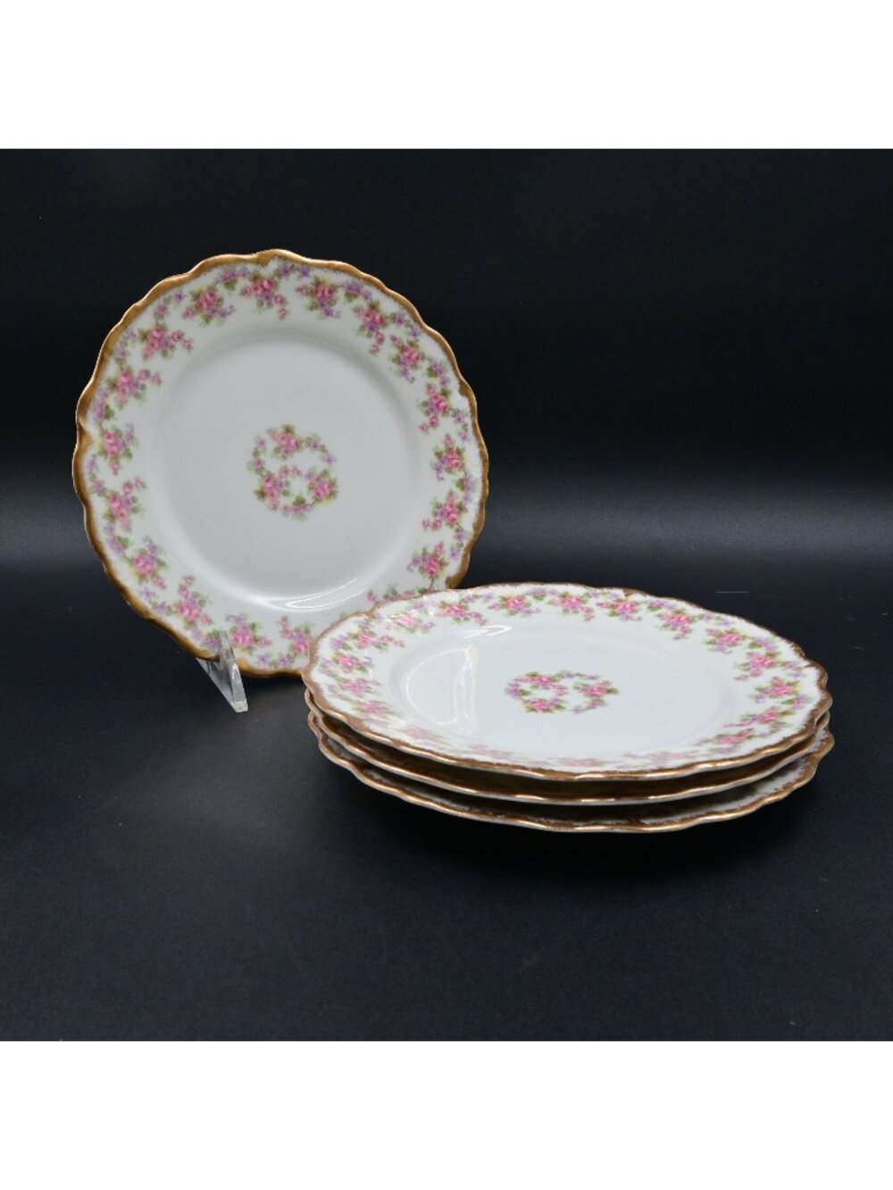 Limoges Elite Works Pink Rose Salad Plates 7.5" Gold Rim Set of 4